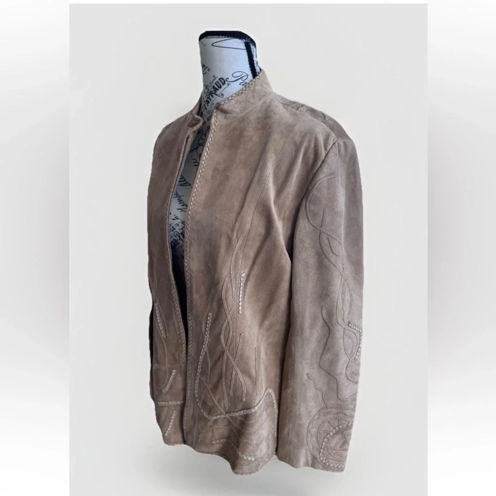 Chico’s Tan Brown Leather Suede Boho Festival Embroidered Zip Up Jacket Women’s